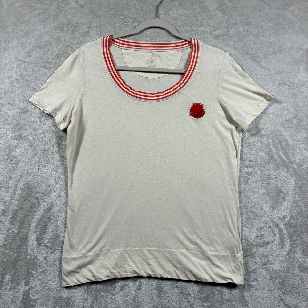 Tory Burch Hedgehog Embroidered Pima Cotton Tee Shirt Ivory Stripe Trim Small